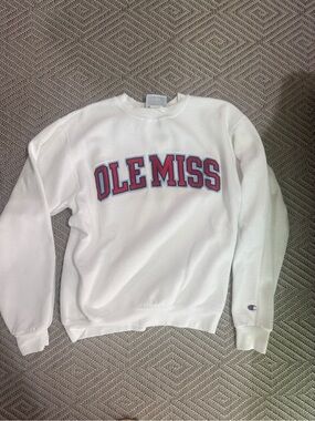 Champion White Crewneck with Blue Logo Accent